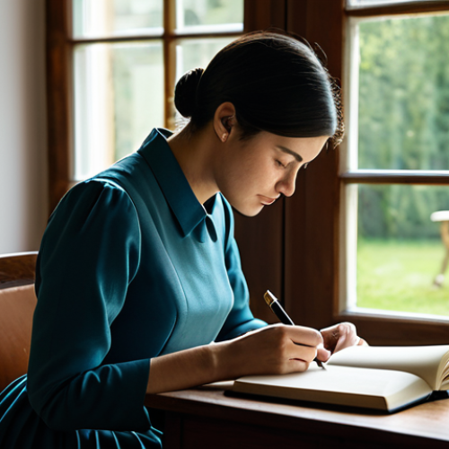 Home 11 A focused woman in a professional, modest business dress, seated at a natural wooden desk. She is intently writing in a leather-bound notebook with a classic fountain pen. A physical book is open beside her. The setting is a minimalist, brightly lit study with large windows looking out onto a peaceful garden. Soft, diffused natural light fills the room. No digital devices or screens are visible. A warm, steaming cup of tea is on the desk. fully clothed, modest clothing, appropriate attire, professional dress, safe for work, appropriate content, perfect anatomy, correct proportions, natural pose, well-formed hands, proper finger count, natural body proportions, professional photography, high quality, soft lighting, serene atmosphere.