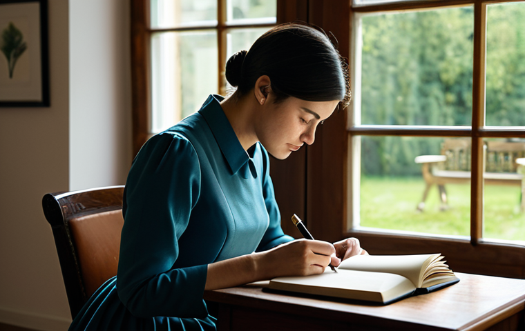 A focused woman in a professional, modest business dress, seated at a natural wooden desk. She is intently writing in a leather-bound notebook with a classic fountain pen. A physical book is open beside her. The setting is a minimalist, brightly lit study with large windows looking out onto a peaceful garden. Soft, diffused natural light fills the room. No digital devices or screens are visible. A warm, steaming cup of tea is on the desk. fully clothed, modest clothing, appropriate attire, professional dress, safe for work, appropriate content, perfect anatomy, correct proportions, natural pose, well-formed hands, proper finger count, natural body proportions, professional photography, high quality, soft lighting, serene atmosphere.