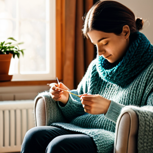 Home 6 A woman in a cozy, modest sweater is peacefully knitting a colorful scarf on a comfortable armchair in a sunlit living room. Her posture is natural, and her well-formed hands skillfully manipulate the yarn and knitting needles. Soft natural light illuminates the scene, emphasizing the textures of the fabric and the tranquil atmosphere. The background shows a minimalistic, organized home environment with a few potted plants, suggesting a quiet space free from digital distractions. The overall mood is calm and focused, reflecting a mindful and intentional break from screens. safe for work, appropriate content, fully clothed, modest clothing, perfect anatomy, correct proportions, natural pose, proper finger count, natural body proportions, professional photography, high quality, family-friendly.
