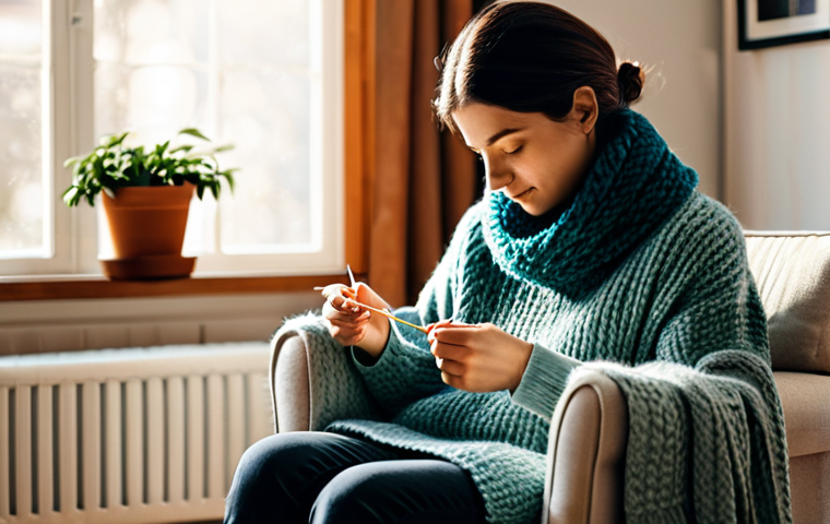 A woman in a cozy, modest sweater is peacefully knitting a colorful scarf on a comfortable armchair in a sunlit living room. Her posture is natural, and her well-formed hands skillfully manipulate the yarn and knitting needles. Soft natural light illuminates the scene, emphasizing the textures of the fabric and the tranquil atmosphere. The background shows a minimalistic, organized home environment with a few potted plants, suggesting a quiet space free from digital distractions. The overall mood is calm and focused, reflecting a mindful and intentional break from screens. safe for work, appropriate content, fully clothed, modest clothing, perfect anatomy, correct proportions, natural pose, proper finger count, natural body proportions, professional photography, high quality, family-friendly.