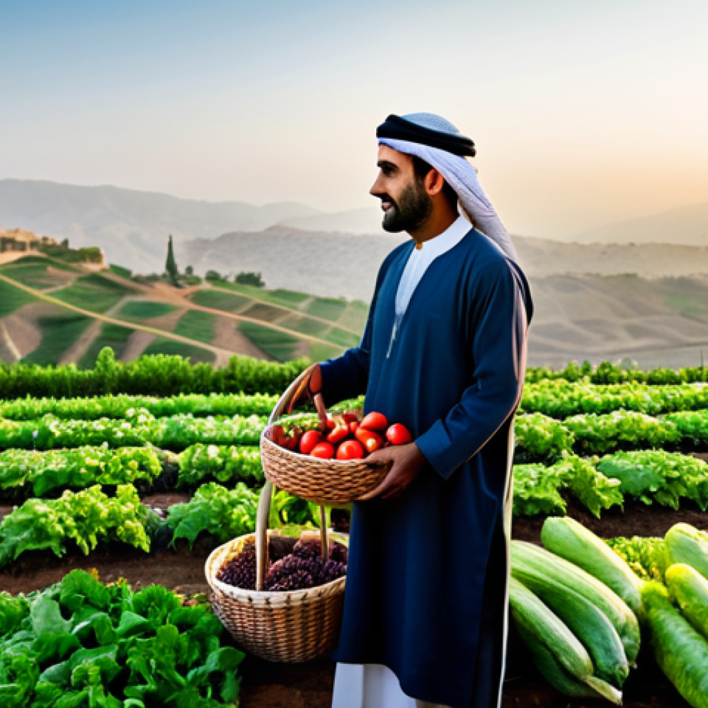 **

"A skilled Arab farmer tending to his organic garden at sunrise, fully clothed in traditional attire, holding a basket of fresh vegetables. Rolling hills in the background. Serene, natural light. Safe for work, appropriate content, professional, perfect anatomy, natural proportions, high resolution."

**