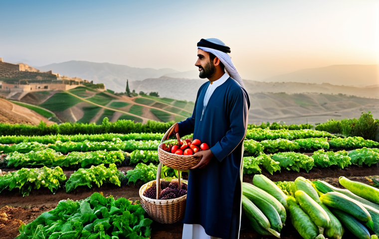 **

"A skilled Arab farmer tending to his organic garden at sunrise, fully clothed in traditional attire, holding a basket of fresh vegetables. Rolling hills in the background. Serene, natural light. Safe for work, appropriate content, professional, perfect anatomy, natural proportions, high resolution."

**