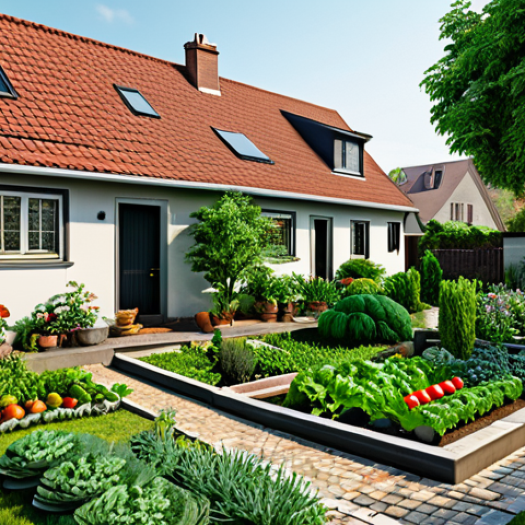 "A modest home exterior with a lush, well-maintained garden filled with vegetables and herbs, located on the outskirts of a quiet town, fully clothed neighbors tending to their own gardens nearby, appropriate content, safe for work, perfect anatomy, natural proportions, professional photography, family-friendly."