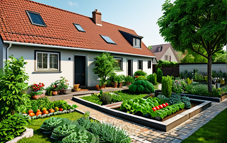 "A modest home exterior with a lush, well-maintained garden filled with vegetables and herbs, located on the outskirts of a quiet town, fully clothed neighbors tending to their own gardens nearby, appropriate content, safe for work, perfect anatomy, natural proportions, professional photography, family-friendly."