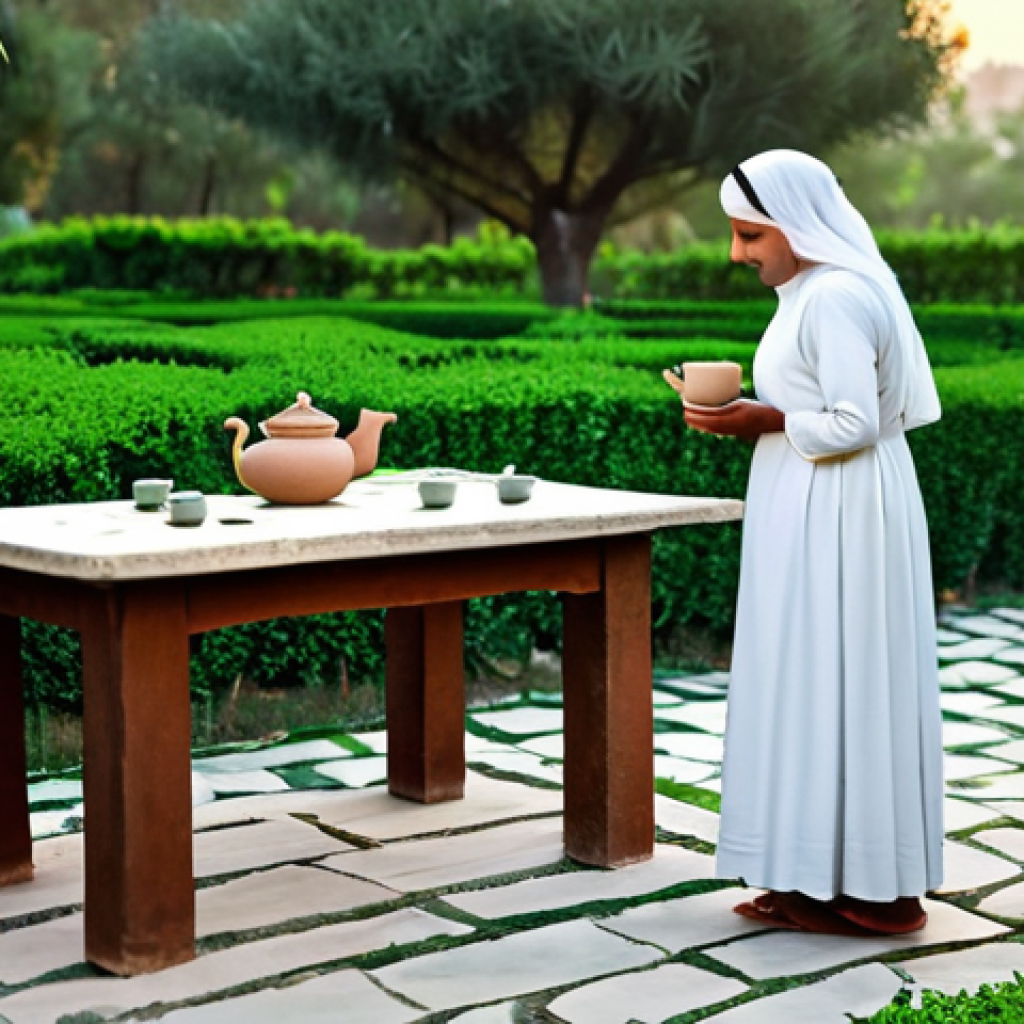 로우테크 라이프와 기술의 진화 - Tranquil Tea Garden**

"A peaceful Arabic tea garden scene at sunset, featuring a fully clothed woma...