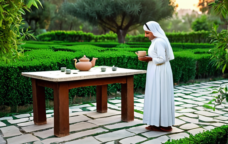로우테크 라이프와 기술의 진화 - Tranquil Tea Garden**

"A peaceful Arabic tea garden scene at sunset, featuring a fully clothed woma...