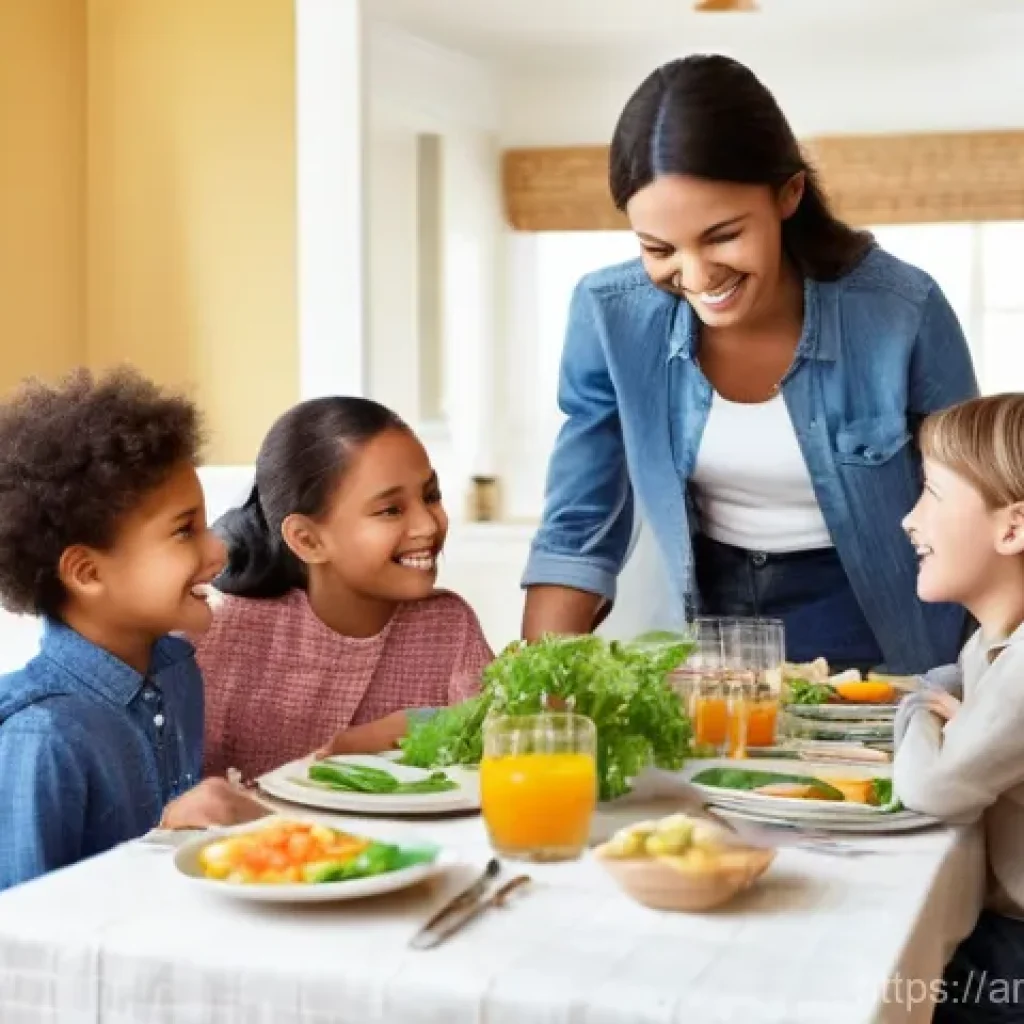 로우테크 라이프의 가족과의 소통 방법 - **Prompt:** A warm and inviting family dinner scene, capturing genuine connection. A mother, father,...