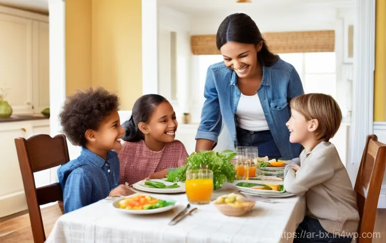 로우테크 라이프의 가족과의 소통 방법 - **Prompt:** A warm and inviting family dinner scene, capturing genuine connection. A mother, father,...