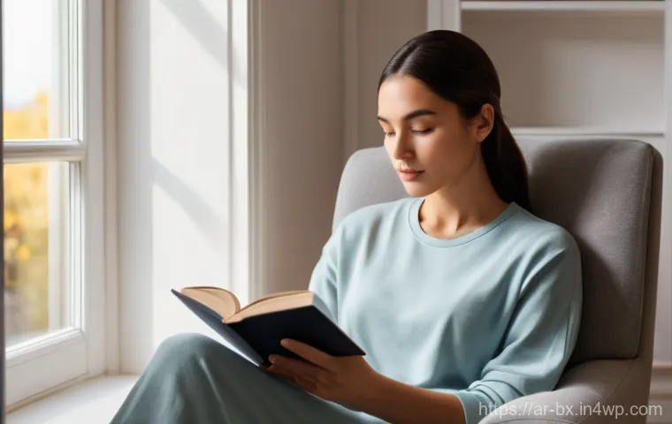 로우테크 라이프 실천 사례 연구 - A serene and focused individual, an adult in their late 20s to early 30s, is comfortably seated in a...