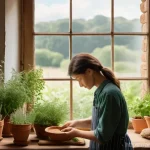 Home 18 로우테크 라이프에서의 생태계 보호 방법 - **Prompt:** "A serene, sun-drenched domestic scene showcasing the joy of low-tech living. A person, ...