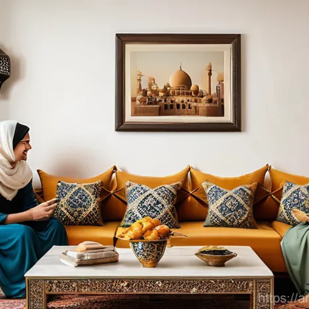 로우테크 라이프에서의 대화의 중요성 - **Prompt:** A cozy and authentically decorated living room in a modern Arab home, softly lit. Two ad...