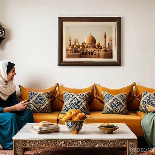 Home 29 로우테크 라이프에서의 대화의 중요성 - **Prompt:** A cozy and authentically decorated living room in a modern Arab home, softly lit. Two ad...