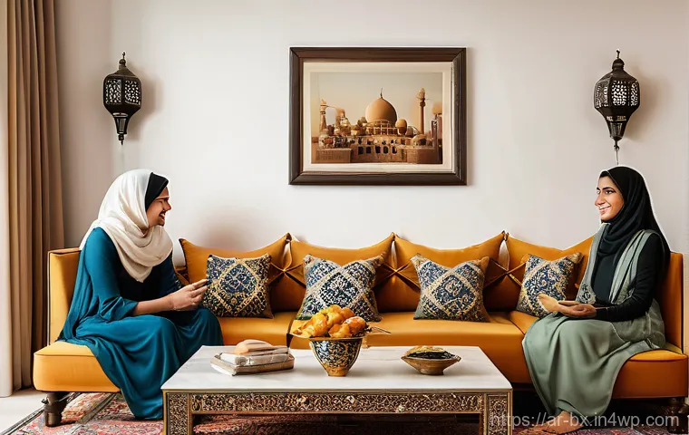 로우테크 라이프에서의 대화의 중요성 - **Prompt:** A cozy and authentically decorated living room in a modern Arab home, softly lit. Two ad...