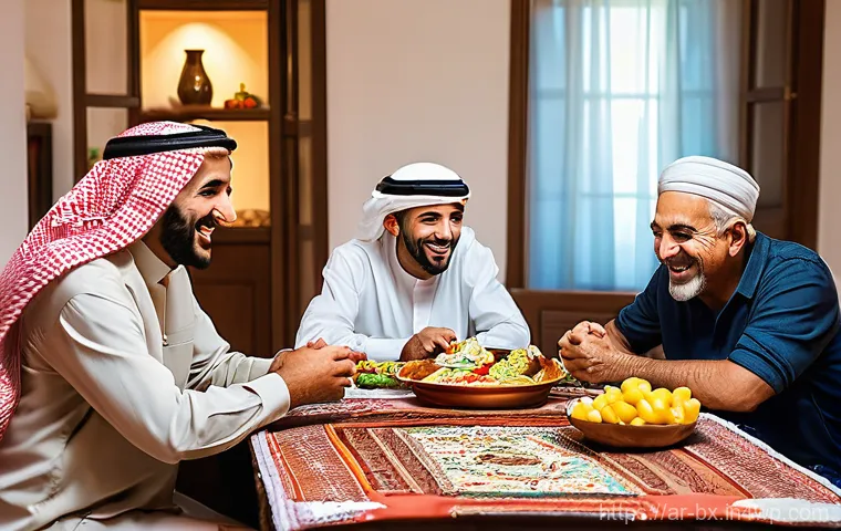 로우테크 라이프에서의 대화의 중요성 - **Prompt:** A cozy and authentically decorated living room in a modern Arab home, softly lit. Two ad...