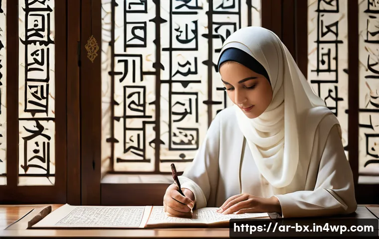 로우테크 라이프를 위한 취미 활동 아이디어 - A serene and focused young woman in her late 20s, dressed in a modest, elegant light beige abaya and...