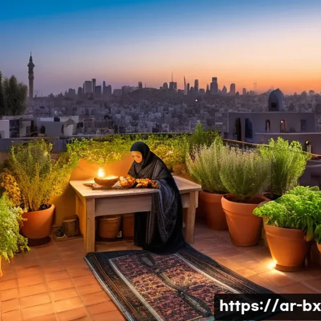 로우테크 라이프의 전통과 현대의 융합 - A serene scene of a modern Arab home balcony garden at sunset, featuring a middle-aged Arabic woman ...
