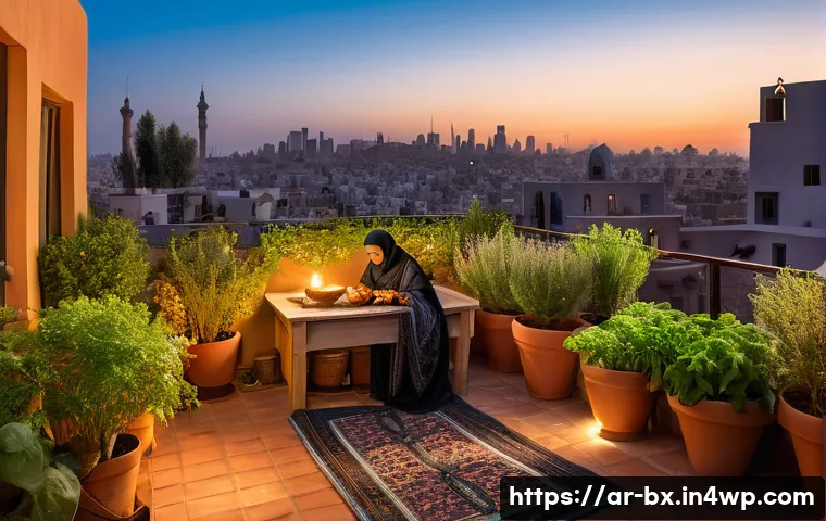로우테크 라이프의 전통과 현대의 융합 - A serene scene of a modern Arab home balcony garden at sunset, featuring a middle-aged Arabic woman ...
