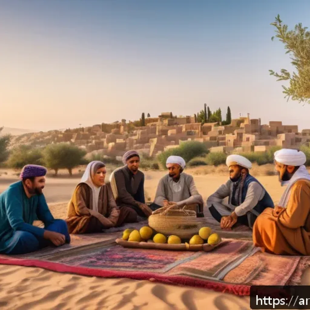 로우테크 라이프와 지역 사회의 변화 - A serene rural scene at golden hour in an Arab village, featuring a multi-generational family gather...