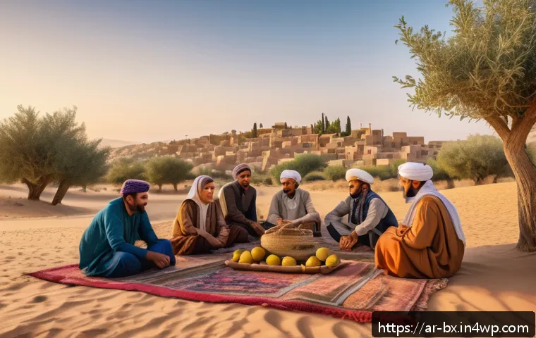 로우테크 라이프와 지역 사회의 변화 - A serene rural scene at golden hour in an Arab village, featuring a multi-generational family gather...